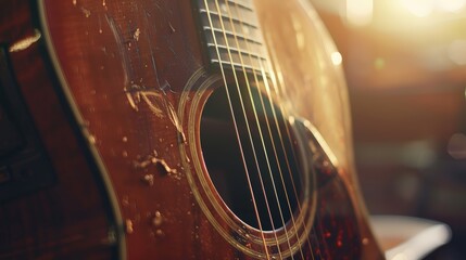 Obraz premium Classic wooden acoustic guitar close-up