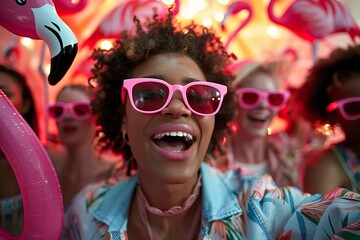Adult friends wearing pink sunglasses bonding and having a great time at a party