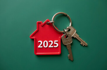Red keychain in the shape of a house with white letters “2025” and two metal keys on a key ring on a green background. Generated AI