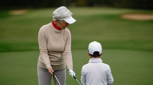 Elderly female golfer showing a younger player how to perfect a swing, capturing mentorship and precision