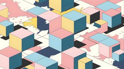 Obraz premium Dreamy pastel abstract painting of scattered cubes on white