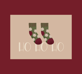 Postcard xmas season with funny christmas socks. Merry christmas card templates, hand drawn and isolated.