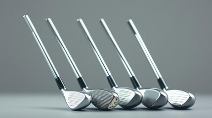 Golf club set in a row, each with varying degrees of wear, representing the journey of precision mastery