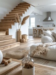 Modern minimalist living space with light wood floors, white walls, and cozy white furniture, featuring an open-concept kitchen-dining area with ample natural light.
