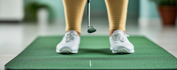 Golfer practicing at home with a putting mat, embodying dedication to precision training