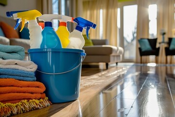 Household Cleaning Supplies Kept in a Blue Bucket on Wood Flooring