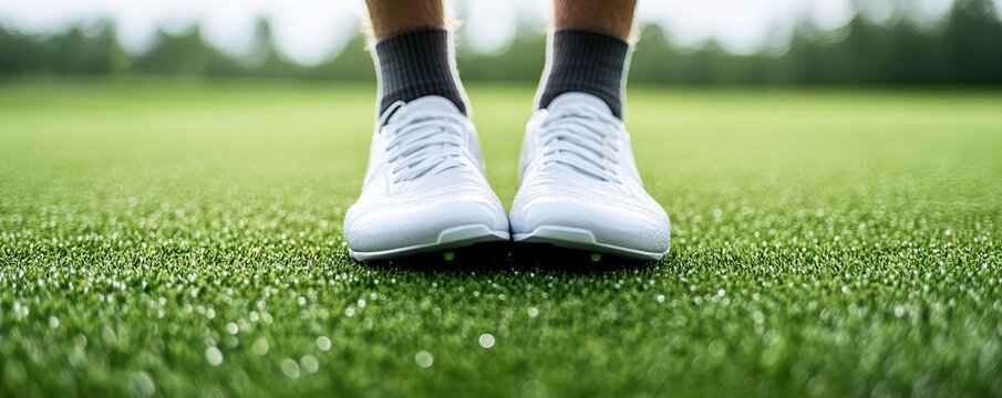 Golfer s feet perfectly aligned on the tee, demonstrating balance and accuracy, morning dew visible on the grass - Powered by Adobe