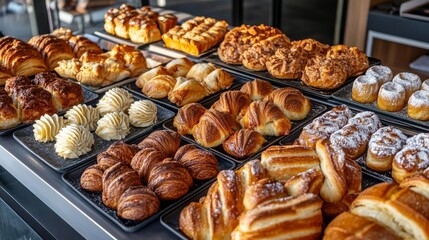 A delicious assortment of freshly baked pastries, croissants, and Danish treats neatly arranged on trays in a bakery display.
