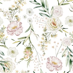 Roses and Orchids Seamless Pattern. Hand drawn watercolor ornament with Pastel Flowers on white background. Floral backdrop wrapping paper, wallpaper. Botanical print for textile in wedding style.