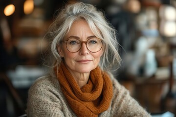 confident 55yearold woman seated at her office desk exuding warmth and authority while engaging with her work set against a professional yet inviting workspace