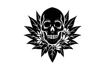 Dark fantasy design, painted human skull and lush bunch of flowers 