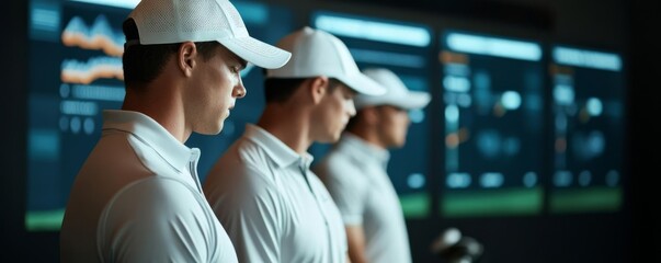 Group of golfers analyzing their swings on a digital screen, high-tech training environment, precision analytics