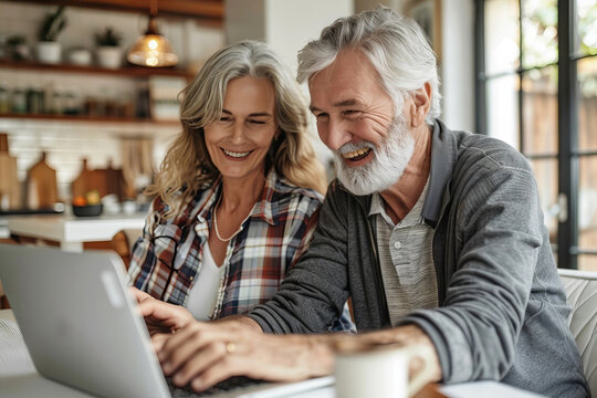 Middle-aged couple in casually chic clothing sharing a laugh while working on a laptop at home with a white background.