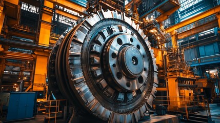 Obraz premium Large industrial gear in a brightly lit manufacturing facility during the day showcasing advanced machinery and engineering