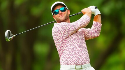 Mid-aged golfer with stylish sportswear, executing a powerful swing, modern elegance meets precision