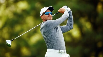 Mid-aged golfer with stylish sportswear, executing a powerful swing, modern elegance meets precision