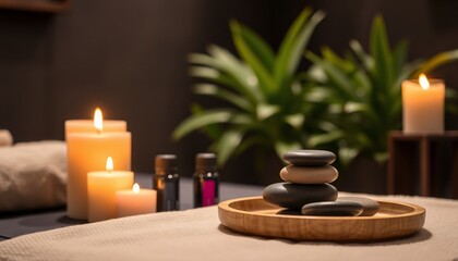 Tranquil Spa Scene: Aromatic Candles, Smooth Stones, and Essential Oils Create a Relaxing Wellness Atmosphere.