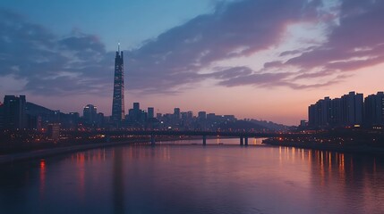 Naklejka premium Expansive cityscape seen from dongjak bridge at twilight image