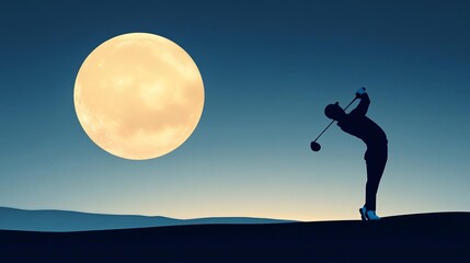 Precision golf swing silhouette against a rising moon, a blend of artistry and skill