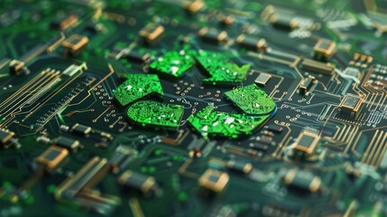 The concept of green technology, a green recycle symbol on a circuit board representing technological innovations