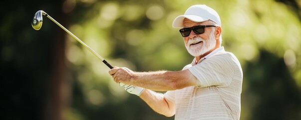 Senior golfer demonstrating a flawless swing, experience and precision etched in every movement