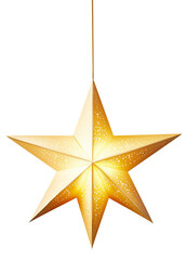 Gold Paper Lamp Star Hanging on Rope Isolated on White and Png Transparent Background. Christmas Decoration