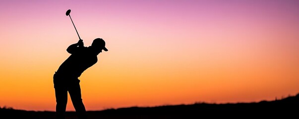 Silhouette of a golfer performing a swing at sunset, orange and purple sky, serene landscape, embodying precision and calm
