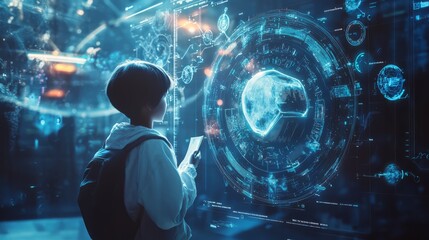 Obraz premium The Future is Now: A young student gazing in awe at a holographic display filled with intricate data and futuristic technology. The image represents the excitement and potential of the digital age.