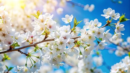 Obraz premium Delicate White Spring Blossoms Against Blue Sky.