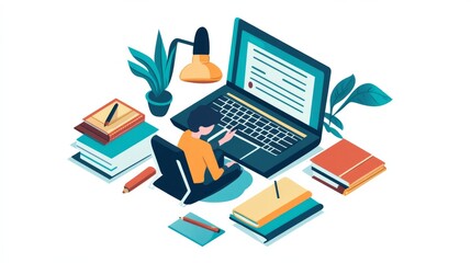 Focused on the Task: An isometric illustration of a person working diligently on a laptop, surrounded by books, plants, and a lamp, symbolizing a dedicated and productive workspace. 