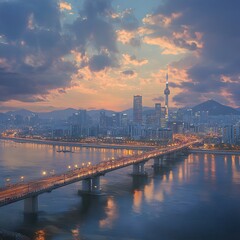 Fototapeta premium Panoramic view of cityscape seen from dongjak bridge picture