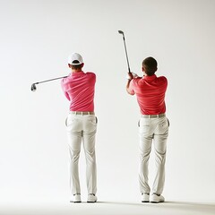 Two golfers side-by-side, one experienced, one learning, demonstrating the evolution of swing precision