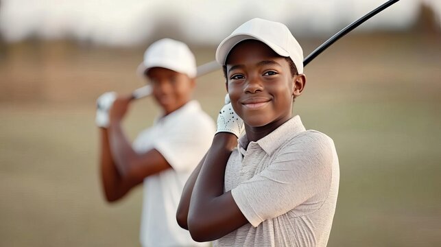 Young golfer practicing with a mentor, both in synchronized swing motion, representing guidance and precision