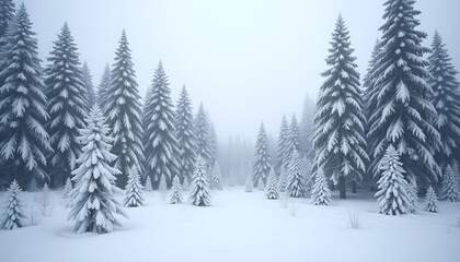 Obraz premium Foggy winter forest with snow-covered pine trees for seasonal design inspiration