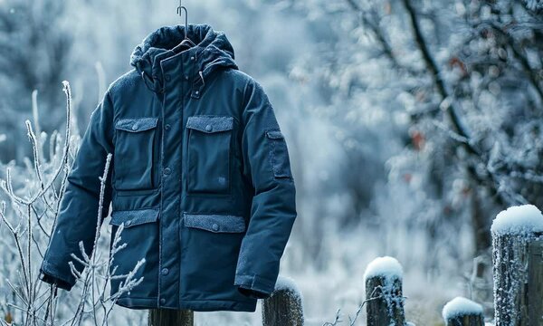 Mockup of a plain winter jacket hanging on a snowy fence post, with a backdrop of frost-covered trees, ideal for showcasing winter apparel designs. . Video