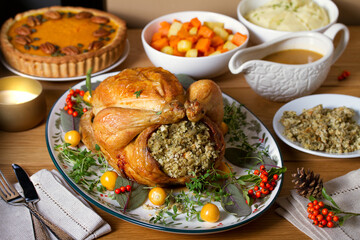 Roast chicken or turkey with sage stuffing, pumpkin pie. Thanksgiving autumn dinner
