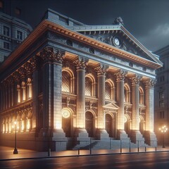 Fototapeta premium Night view of a historic bank building illuminated by elegant warm lighting. The architectural design features grand columns, detailed carvings, and a symmetrical facade, creating a majestic