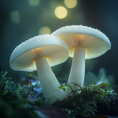 close-up of two mushrooms with dew