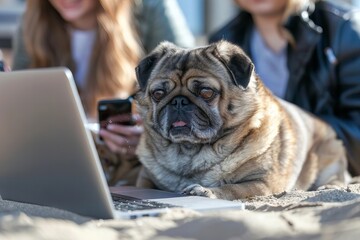 Friends and their furry friend making the most of their summer vacation at the beach