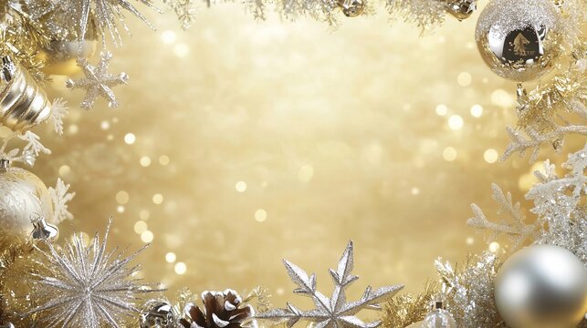 Carta da parati in stile natalizio fondo oro con decorazioni argento e ampio spazio vuoto al centro per il testo Christmas