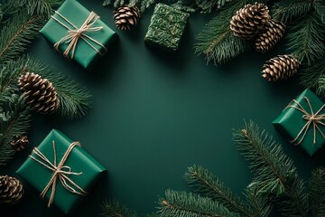 Obraz premium Pacchi regalo, rami di pino e pigne su sfondo verde con ampio spazio per inserire auguri personalizzati. Biglietto che richiama il concetto di ecosostenibità ambientale