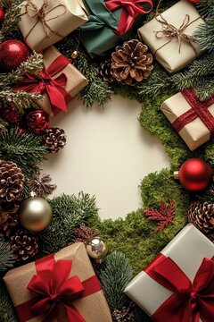 Copertina per un catalogo natalizio di regali e confezioni regalo. Sfondo di colore chiaro al centro dell'immagine. Intorno i classici ornamenti natalizi come muschio, pigne, palline e regali.