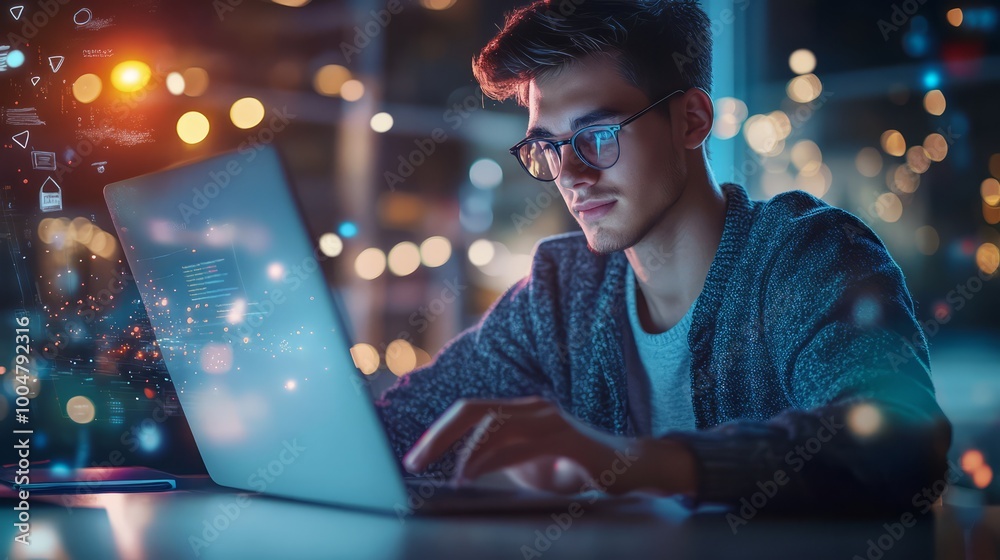 Wall mural nightcoder: focused young man working on laptop at night with futuristic digital interface overlay