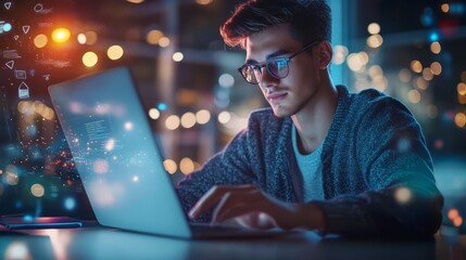 NightCoder: Focused young man working on laptop at night with futuristic digital interface overlay