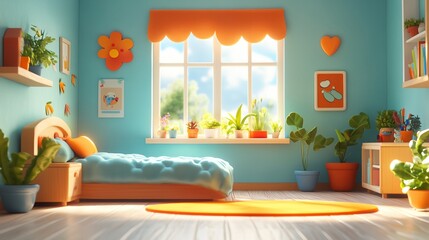 A bedroom with a bed, window, and potted plants. The room is bright and cheerful, with a blue and orange color scheme