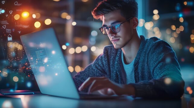 NightCoder: Focused young man working on laptop at night with futuristic digital interface overlay