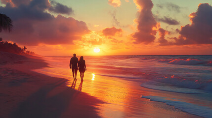 Fototapeta premium A couple walking hand in hand along a beach at sunset. 