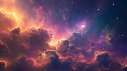 Stunning nebula clouds in shades of orange, pink, and purple, illuminated by soft starlight, creating a dreamy and otherworldly backdrop, perfect for cosmic and fantasy-themed projects.