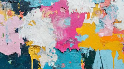 Colorful abstract painting with bold splashes of pink, orange, blue, and white, textured with thick layers of paint, creating a vibrant and energetic art background.