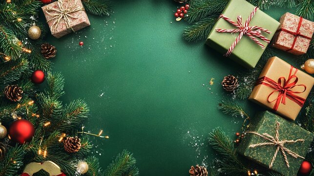 Corona di rametti d'abete con palline di Natale e tanti pacchetti regalo su sfondo verde sfumato. Spazio per inserire auguri personalizzati.